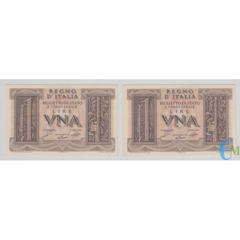 Italia - Lotto 2 consecutive di 1 Lira Biglietto di Stato Fascio 14.11.1939