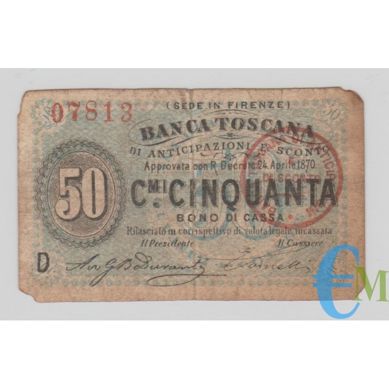 Italia - 50 Centesimi Banca Toscana di Anticipazioni e Sconto 24.04.1870