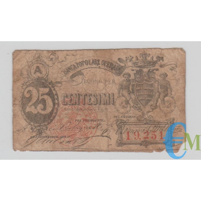 Italia - 25 Centesimi Biglietto Fiduciario Banca Popolare Operaia di Roma 1872