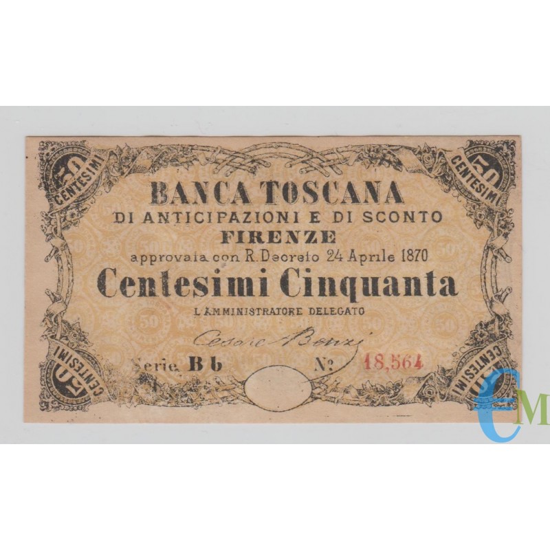 Italia - 50 Centesimi Banca Toscana di Anticipazioni e di Sconto Firenze 24.04.1870