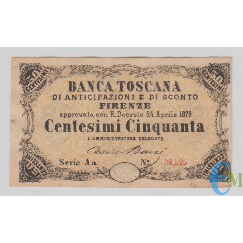Italia - 50 Centesimi Banca Toscana di Anticipazioni e di Sconto Firenze 24.04.1870