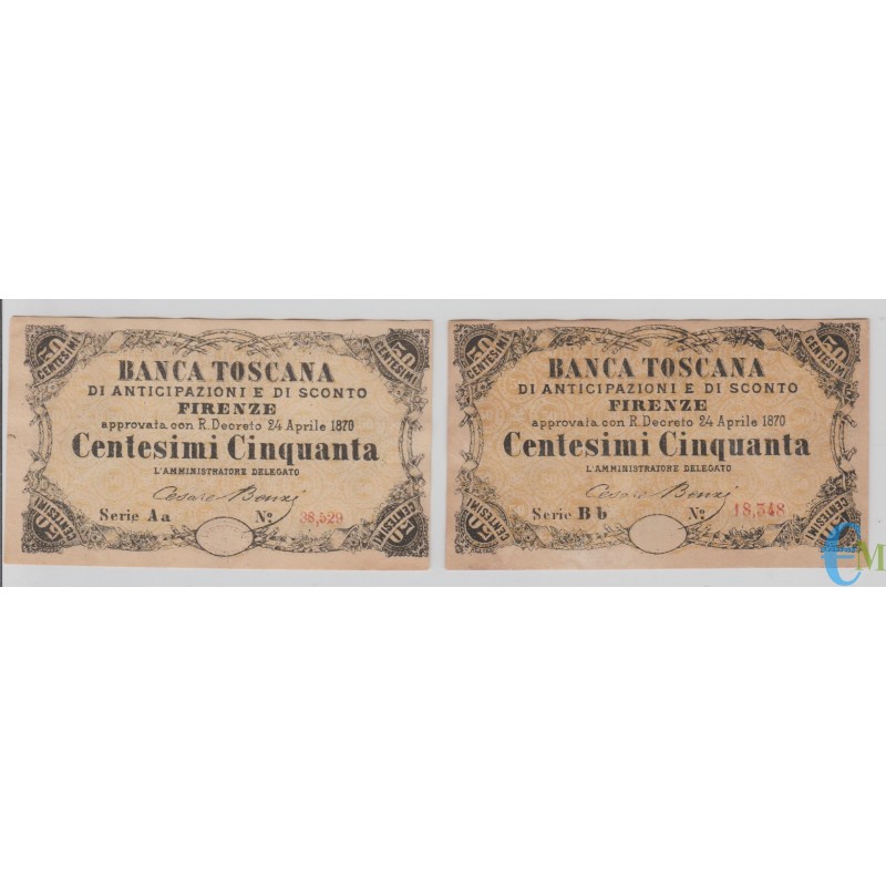 Italia -Lotto serie A e B 50 Centesimi Banca Toscana di Anticipazioni e di Sconto Firenze 1870