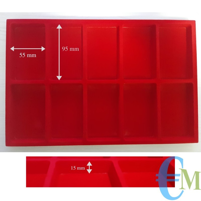 Vassoi in Floccato rosso 10 caselle 55 x 95 mm spessore 15 mm