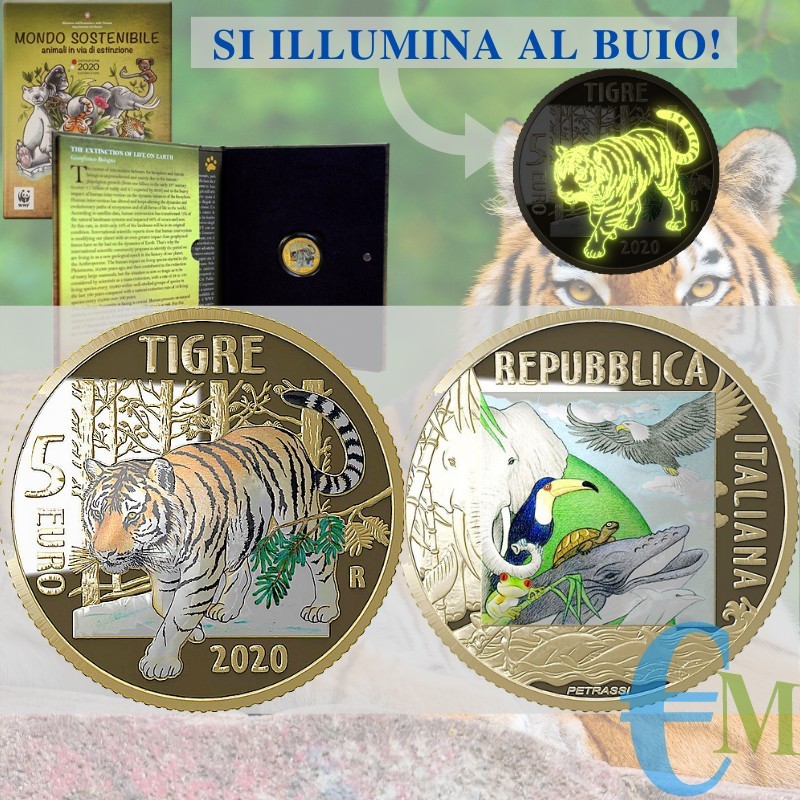 Italia 2020 - 5 euro commemorativo mondo sostenibile, animali in via di estinzione - Tigre