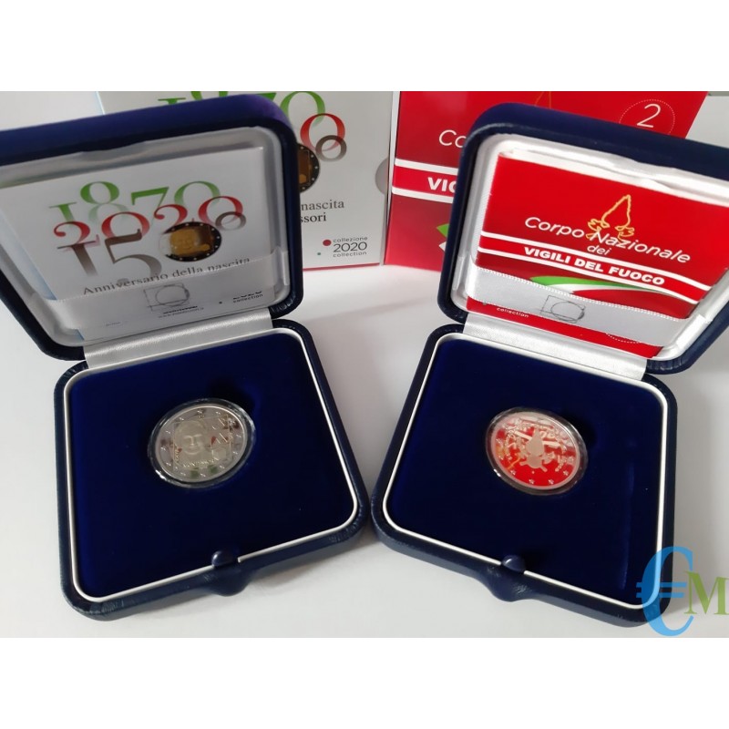 Lotto 2 euro Italia Proof 80° Vigili del Fuoco e 150° Maria Montessori in confezione ufficiale di zecca