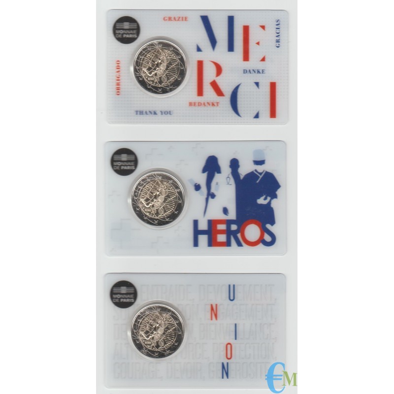 Francia 2020 - Tris 2 euro Ricerca Medica BU in coincard MERCI - UNION - HEROS