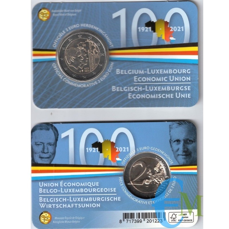 Bélgica 2021 - 2 euros 100a Unión Económica BLEU BU en coincard NL
