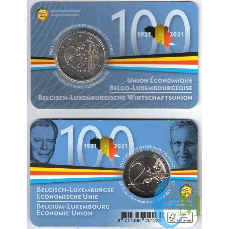 Belgio 2021 - 2 euro 100º Unione Economica BLEU BU in coincard FR