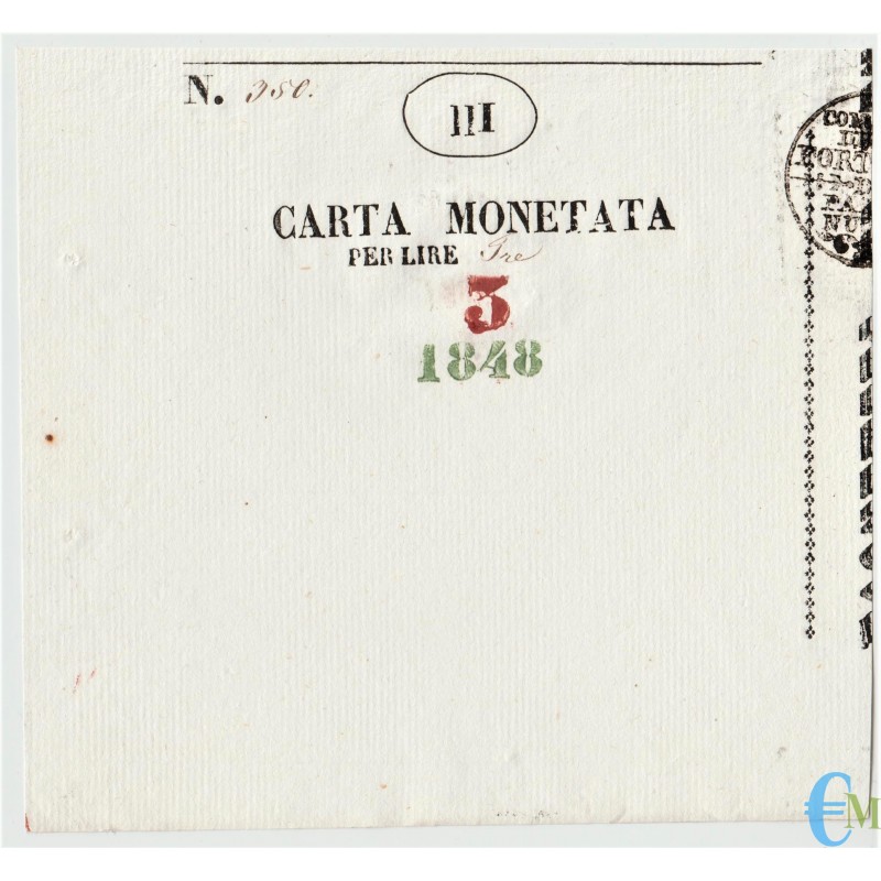 3 liras asedio de papel moneda Palmanova 1848
