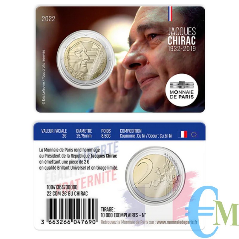 Francia 2022 - 2 euro 20° anniversario nascita Jacques Chirac BU in coincard
