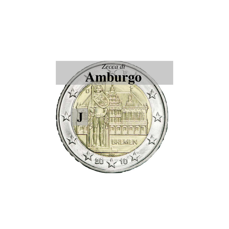 Germania 2010 - 2 euro commemorativo Municipio di Brema e Markplatz, 5° moneta dedicata ai Lander tedeschi- zecca di Amburgo J
