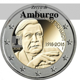 Germania 2018 - 2 euro commemorativo 100° anniversario dalla nascita di Helmut Schmidt - zecca di Amburgo J