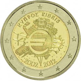 Cipro 2012 - 2 euro commemorativo 10° anniversario dell'introduzione in circolazione delle banconote e monete euro.