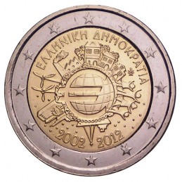 Grecia 2012 - 2 euro commemorativo 10° anniversario dell'introduzione in circolazione delle banconote e monete euro.
