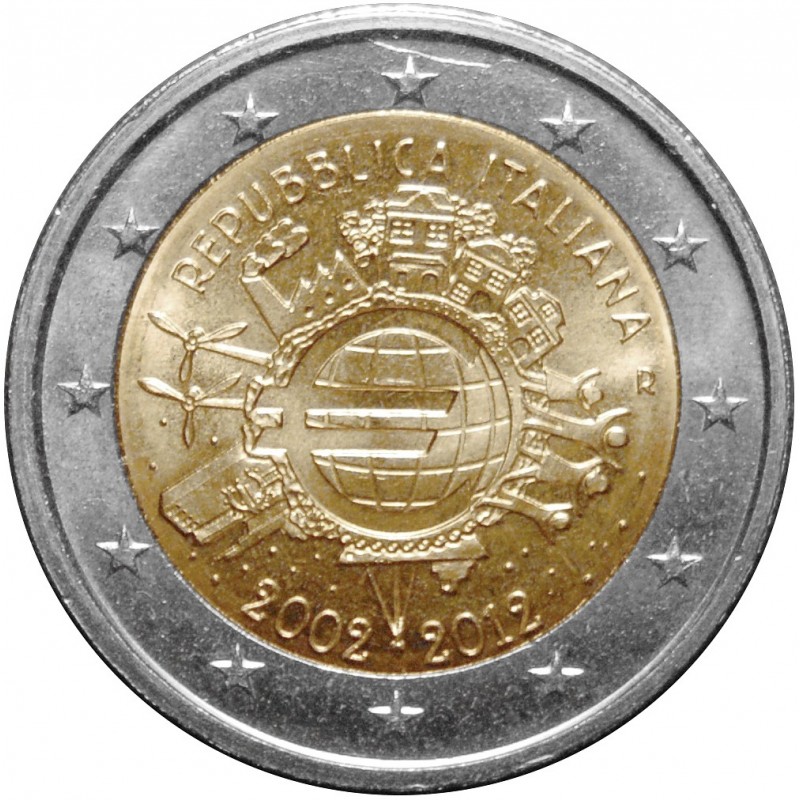 Italia 2012 - 2 euro commemorativo 10° anniversario dell'introduzione in circolazione delle banconote e monete euro.