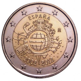 Spagna 2012 - 2 euro commemorativo 10° anniversario dell'introduzione in circolazione delle banconote e monete euro.
